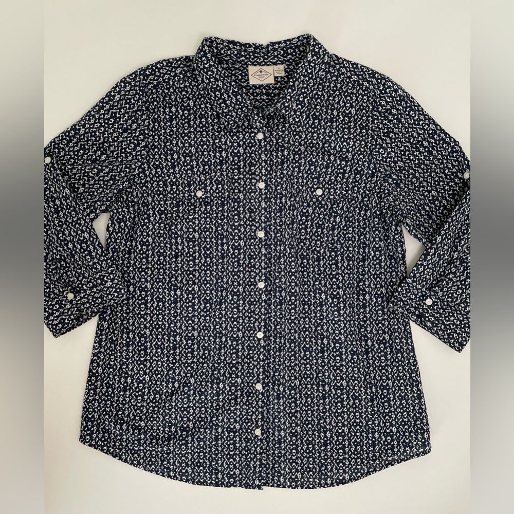 St. John's Bay Navy and White Button-Down Shirt 3/4 Sleeves - Picture 2 of 8
